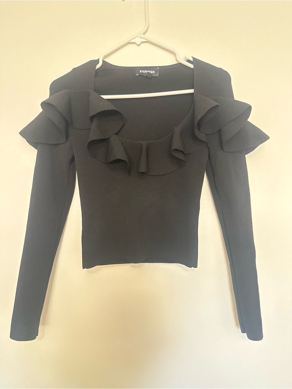 Express Black Ruffle Square-Neck Long Sleeve Top